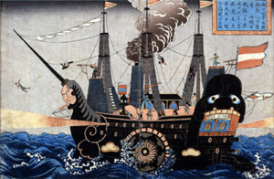 Contemporary woodcut of Perry’s steamship entering Japanese waters.  Western technology would soon transform Japan.  