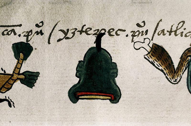 Detail of folio 23r from the Codex Mendoza. Tribute from towns of the Province of Quauhnahuac: name-glyph of 'Yztepec. pueblo'. The name means 'On the Hill of Obsidian', and the town's glyph is an obsidian blade on top of a hill.  The Bodleian Library Oxford University 